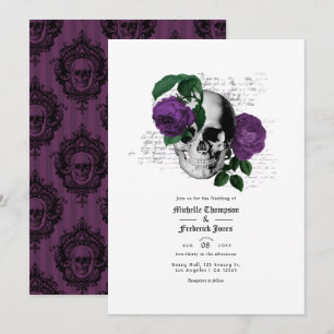 Convites Casamento Gótico de Caveira Floral Roxo