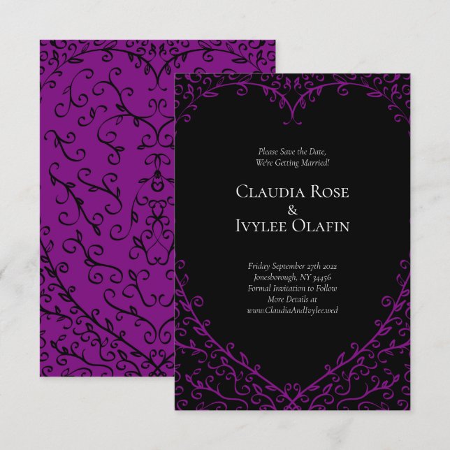 Convites Casamento Gótico de Coração Roxo e Negro Salve a D (Frente/Verso)