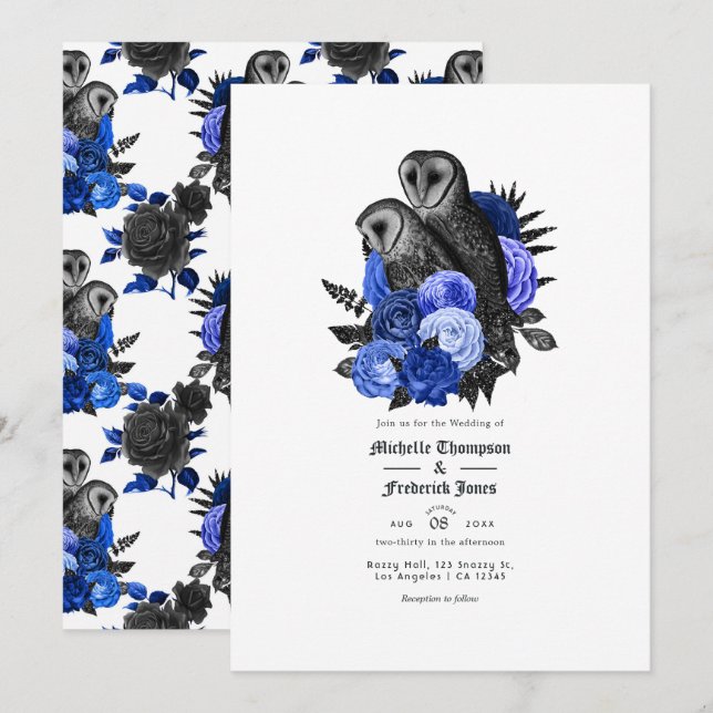 Convites Casamento Gótico de Corujas Azul Real Vintage (Frente/Verso)