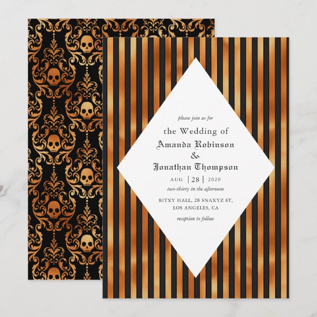 Convites Casamento Gótico de Crânios Negros e de Cobre (Frente/Verso)