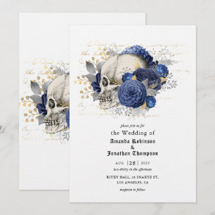 Convites Casamento Gótico de Halloween Crânio Floral Azul