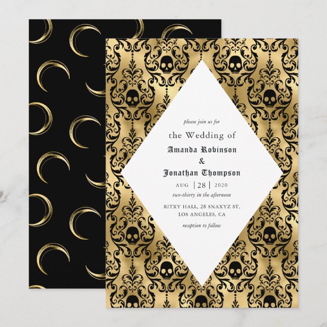 Convites Casamento Gótico de Halloween em Preto e Dourado D (Frente/Verso)