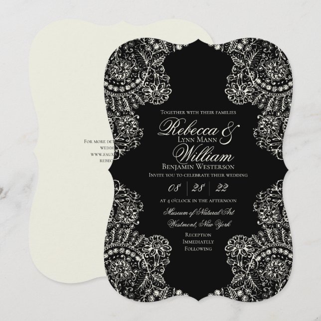 Convites Casamento Gótico de rendas Brancas Negra (Frente/Verso)