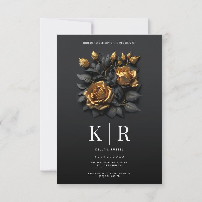 Convites Casamento Gótico de Rosas Dourados Pretos (Frente)