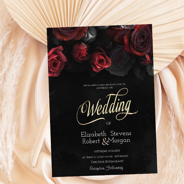 Convites Casamento Gótico de Rosas Vermelhas Elegantes (Criador carregado)