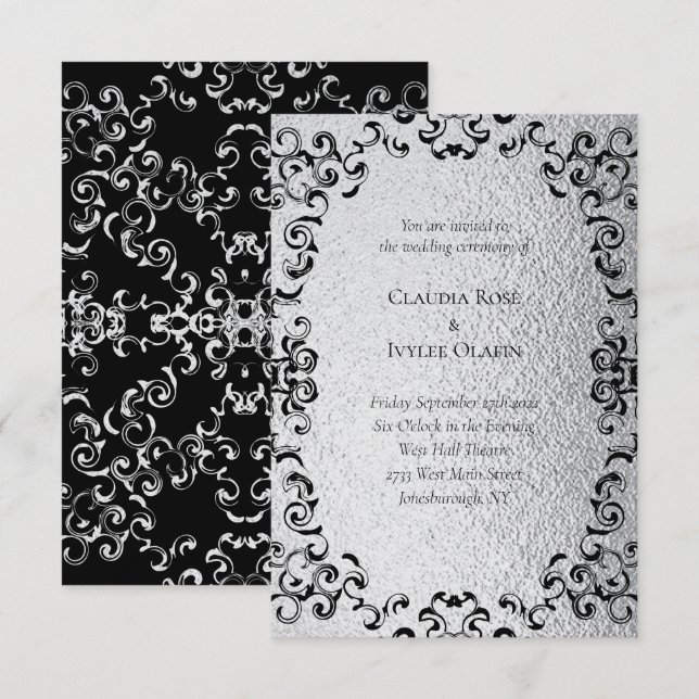 Convites Casamento Gótico de Silver e Black Swirl (Frente/Verso)