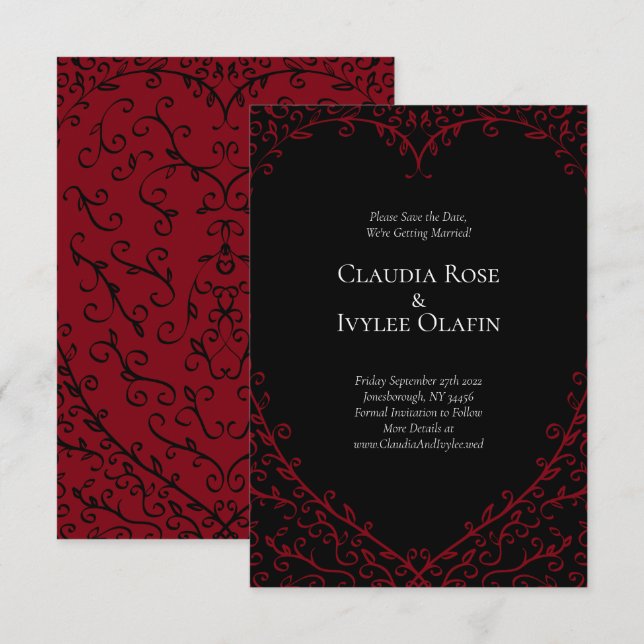 Convites Casamento Gótico do Coração Vermelho e Negro Salve (Frente/Verso)