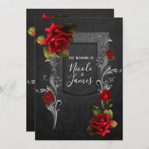 Convites Casamento Gótico do Ornamentado Negro do Rosa verm