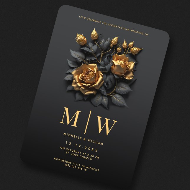 Convites Casamento Gótico dos Rosas Dourados Negra (Black Gold Roses QR Gothic Wedding Invitation
)