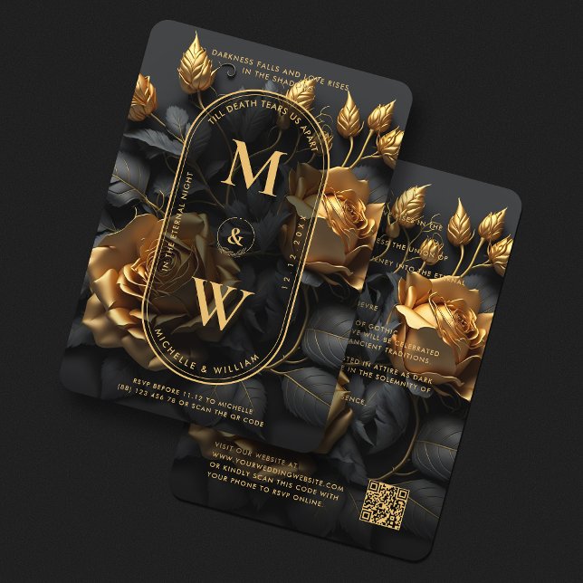 Convites Casamento Gótico Dourado Rosa Boho Lux, Elegante (Elegant Gothic Floral Black Gold Boho Lux Wedding Invitation
)