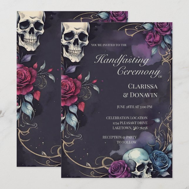Convites Casamento Gótico Elegante Caveira & Rosa (Frente/Verso)