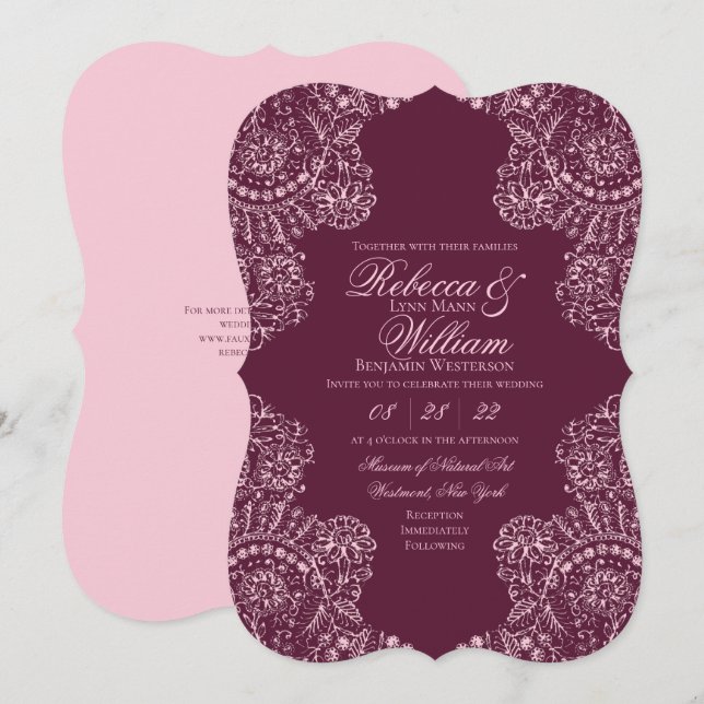 Convites Casamento Gótico Elegante De Lace De Vinho Rosa (Frente/Verso)