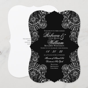 Convites Casamento Gótico Elegante de Lace Negro e Branco