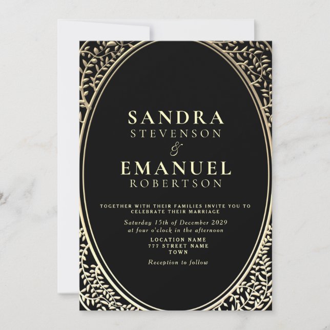 Convites Casamento Gótico Elegante Preto e Dourado (Frente)