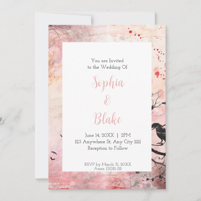 Convites Casamento Gótico em Aquarela Rosa e Laranja (Frente)