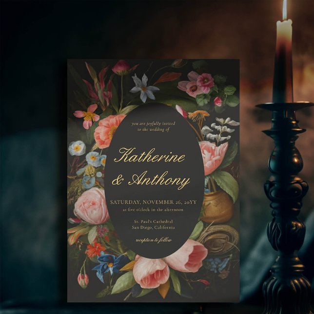 Convites Casamento Gótico Escuro dos Sonhos Românticos (moody romantic wedding invitation pink floral frame painting dutch masters elegant gothic dark black)