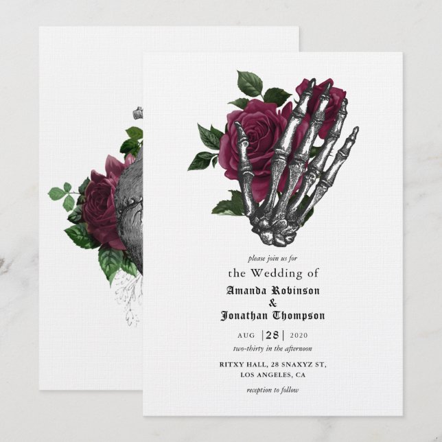 Convites Casamento Gótico Esqueleto Floral Caprichoso (Frente/Verso)