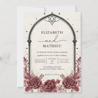 Convites Casamento Gótico Floral da Elegante Burgundy