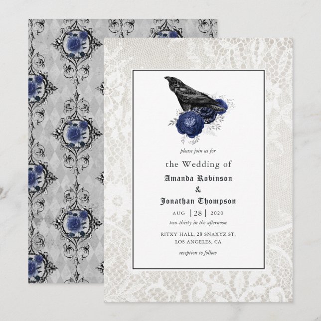 Convites Casamento Gótico Floral e Renda (Frente/Verso)