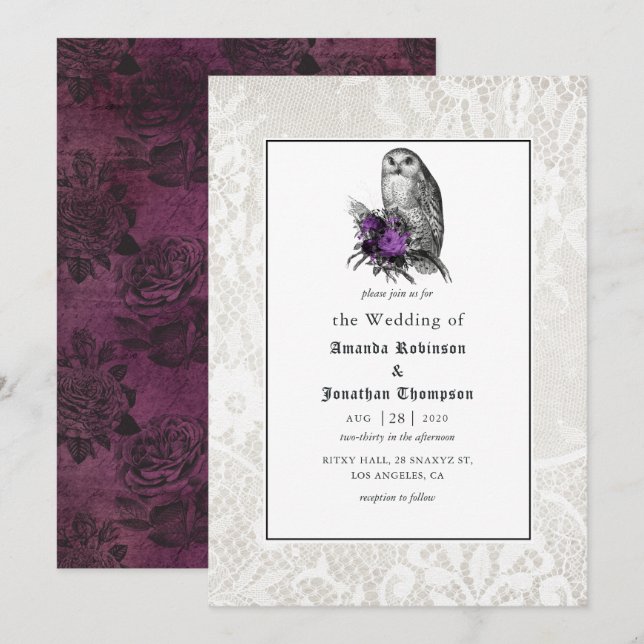 Convites Casamento Gótico Floral e Renda (Frente/Verso)