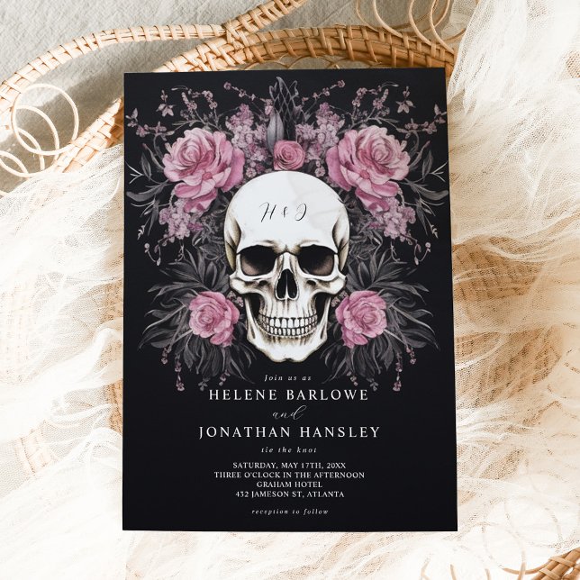 Convites Casamento Gótico Floral Maldito Escuro (Skull Dark Moody Floral Gothic Wedding Invitation)