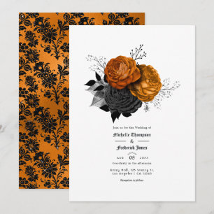 Convites Casamento Gótico Floral Negro e Laranja
