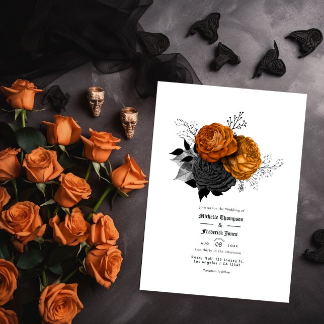 Convites Casamento Gótico Floral Negro e Laranja (Criador carregado)