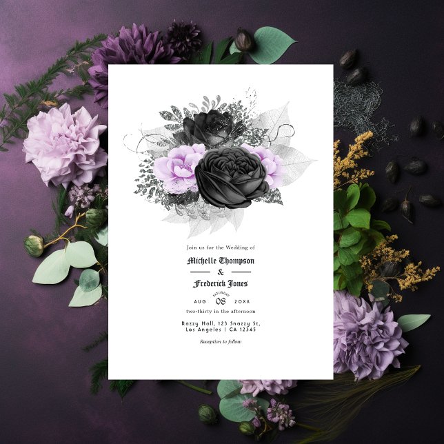 Convites Casamento Gótico Floral Preto Roxo e Prata (Criador carregado)