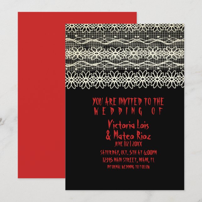 Convites Casamento Gótico Lace Red Black Invitation (Frente/Verso)