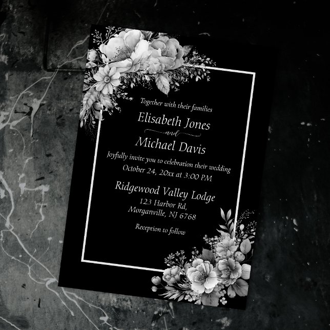 Convites Casamento Gótico Moderno E Negro Elegante E Branco (Monochromatic palette embodies mystery & sophistication for your Gothic Halloween wedding.)