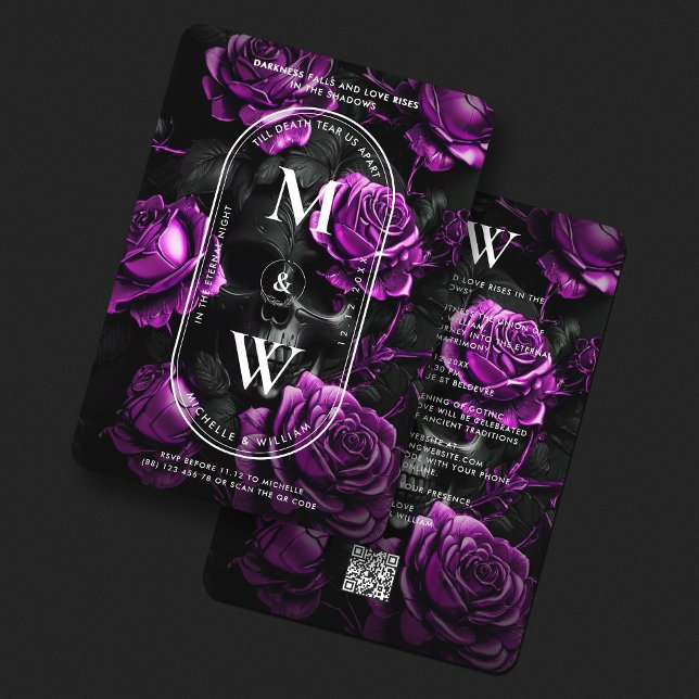 Convites Casamento gótico Monograma Rosas roxas do crânio (Gothic Wedding Monogram Skull Purple Roses Invitation
)