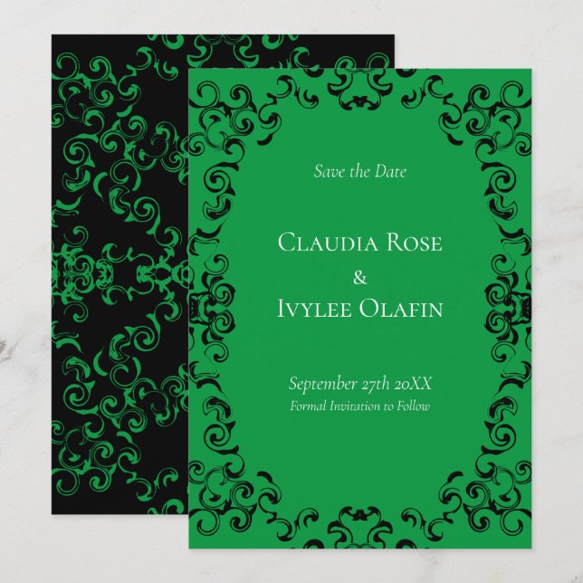 Convites Casamento Gótico Negra e Verde (Frente/Verso)