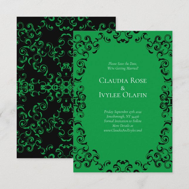 Convites Casamento Gótico Negra e Verde (Frente/Verso)