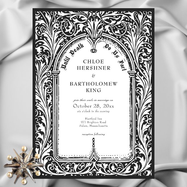 Convites Casamento Gótico Preto Branco Medieval Até a Morte (Gothic Black White Medieval Until Death Wedding Invitation)