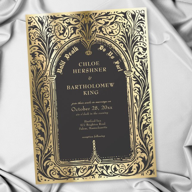 Convites Casamento Gótico Preto Dourado Medieval Até a Mort (Gothic Black Gold Medieval Until Death Wedding Invitation)