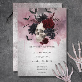 Convites Casamento Gótico Preto e Borgonha Crânio e Morcego