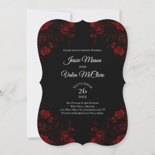 Convites Casamento Gótico Preto e Vermelho Floral Elegante
