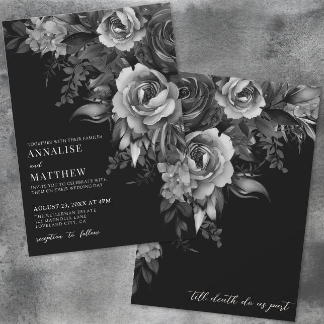 Convites Casamento Gótico Preto Floral (Floral Black Gothic Wedding Invitation)