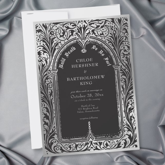 Convites Casamento Gótico Preto Prata Medieval Até a Morte (Gothic Black Silver Medieval Until Death Wedding Invitation)