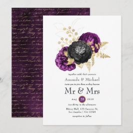 Convites Casamento Gótico Preto Roxo e Dourado Floral