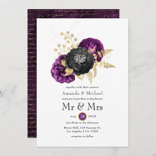 Convites Casamento Gótico Preto Roxo e Dourado Floral