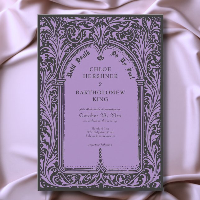Convites Casamento Gótico Preto Roxo Medieval Até a Morte (Gothic Black Purple Medieval Until Death Wedding Invitation)