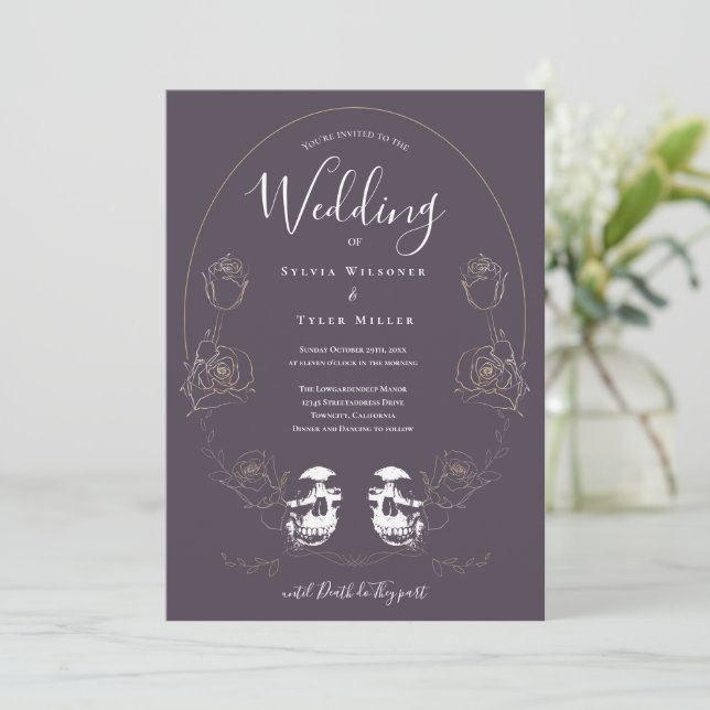 Convites Casamento Gótico Puro-Roxo Crânio (Em pé/Frente)