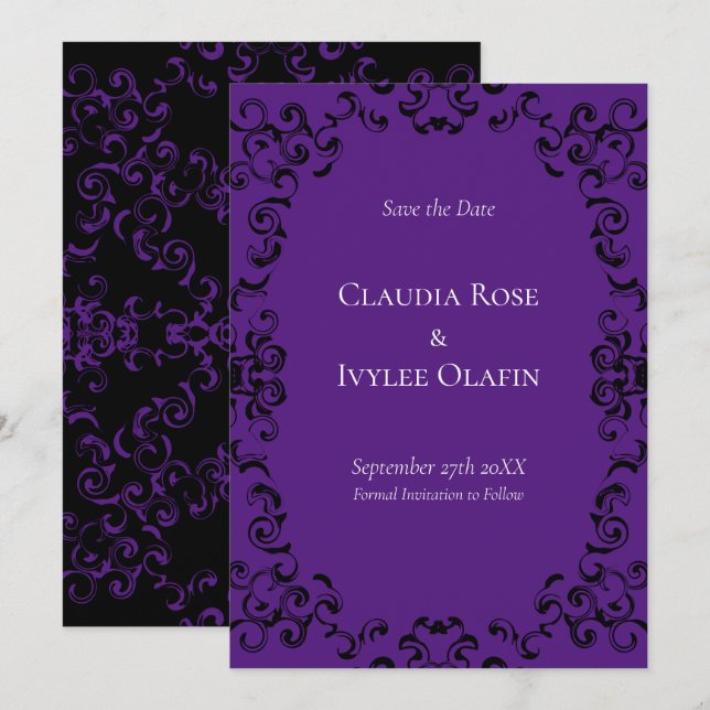 Convites Casamento Gótico Púrpura e Negra (Frente/Verso)
