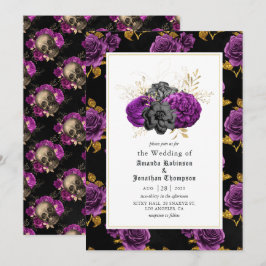 Convites Casamento Gótico Púrpura, Preta e Dourada