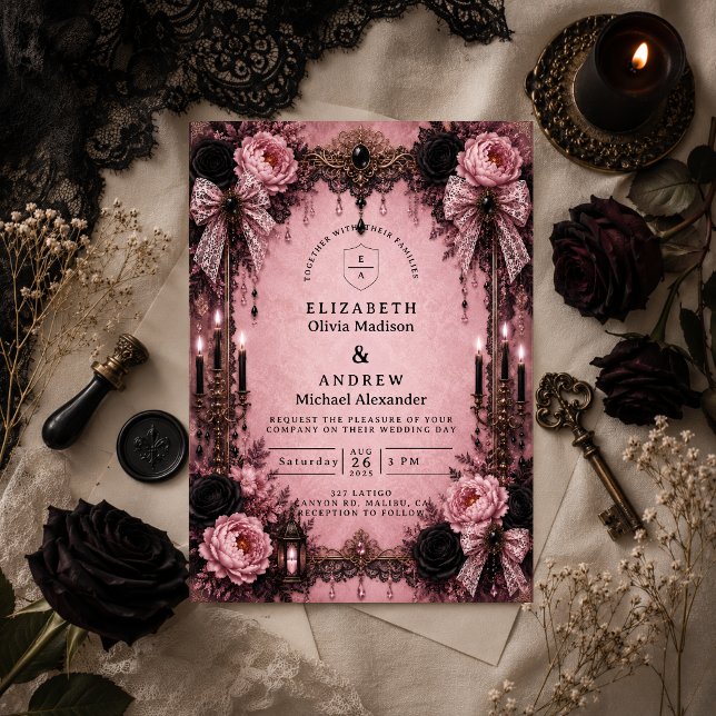 Convites Casamento Gótico Romântico Rosa (Criador carregado)