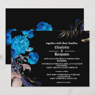 Convites Casamento Gótico Rosa Azul Escuro & Dourado