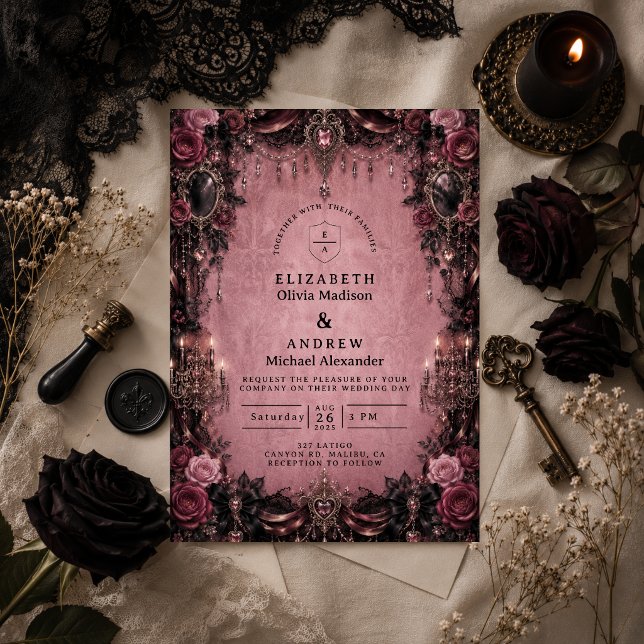Convites Casamento Gótico Rosa Caprichoso (Criador carregado)