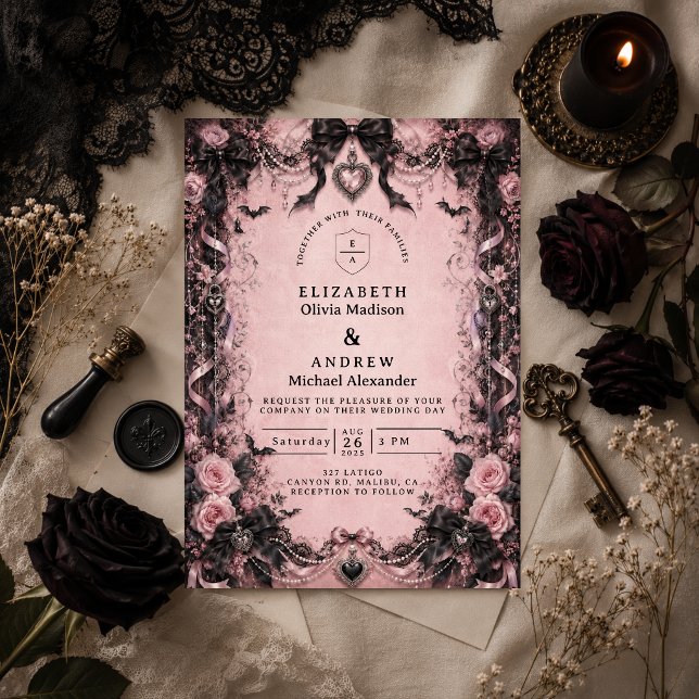 Convites Casamento Gótico Rosa Elegante (Criador carregado)