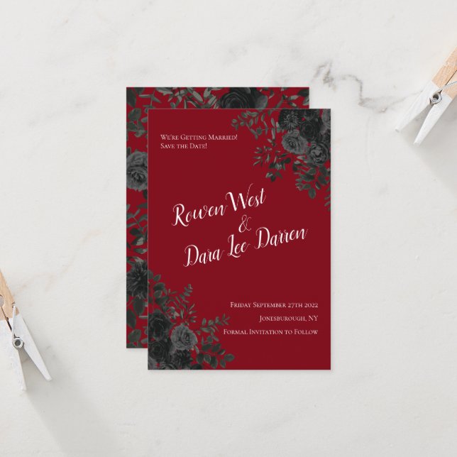 Convites Casamento Gótico Rosa Vermelho e Negro Salve a Dat (Frente/Verso In Situ)